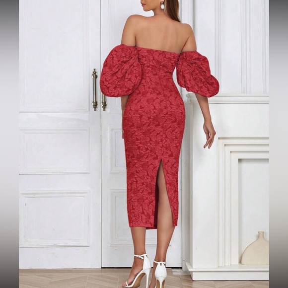 Luxe floral jacquard off shoulder party formal evening dress - Picture 3 of 15